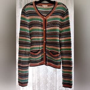 Marled Cardigan Sweater Women's Size L Multi-color Striped Design